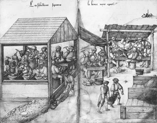 Mina de plata de La Croix-aux-Mines, Lorena, fol.15v y fol.16r, mineros clasificando el mineral, c.1530